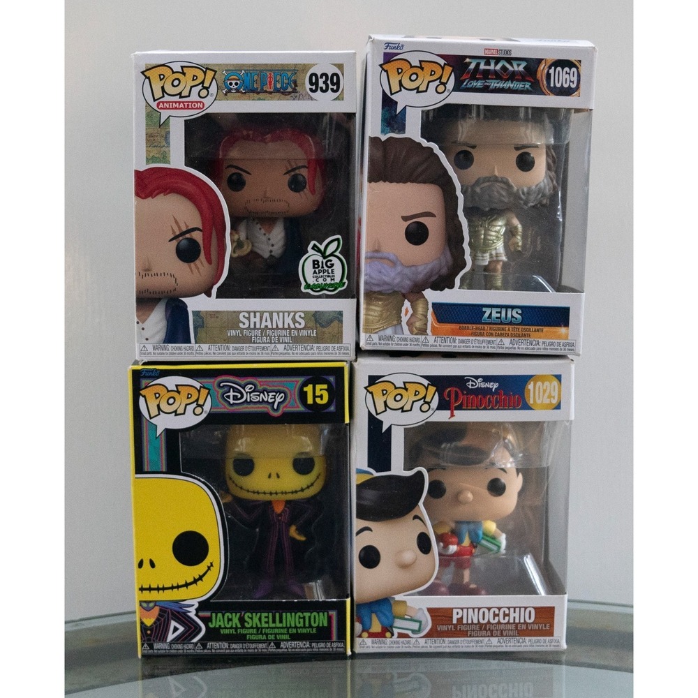 Lot of 4 Funk Pops - Shanks 939 Zeus 1069 Pinocchio 1029 Jack Skellington 15
